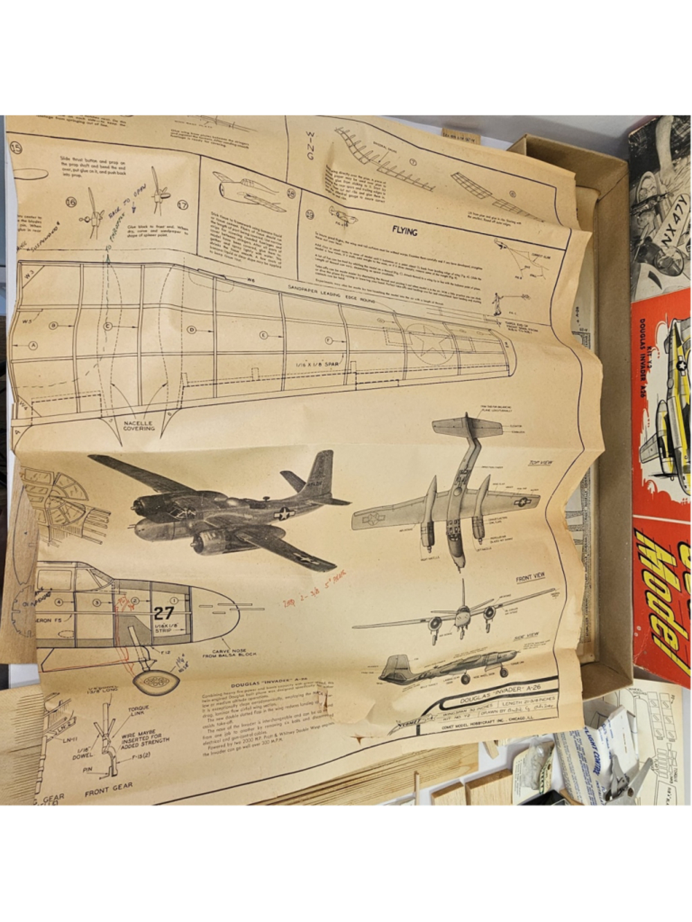 Vintage Comet Douglas Invader A-26 Flying Scale Balsa Model Kit Y2:129 Started - Picture 8 of 16